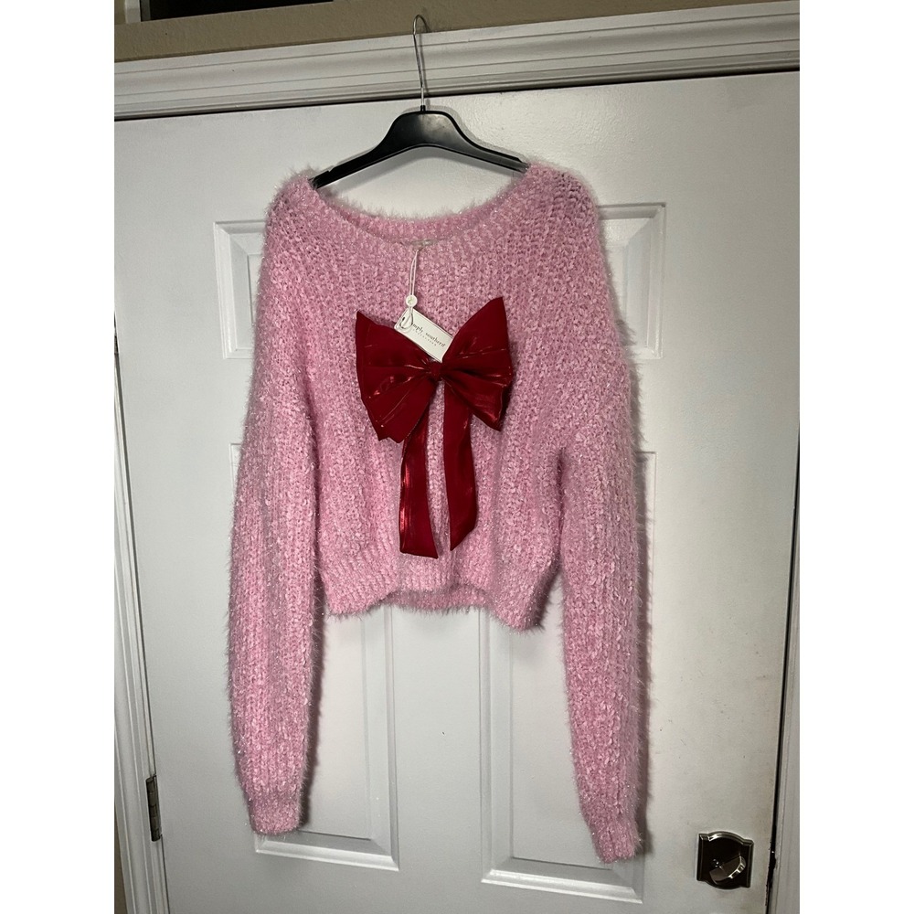 Simply Southern Aurora Pink Fuzzy Knit Sweater Red Bow Cropped XL NEW